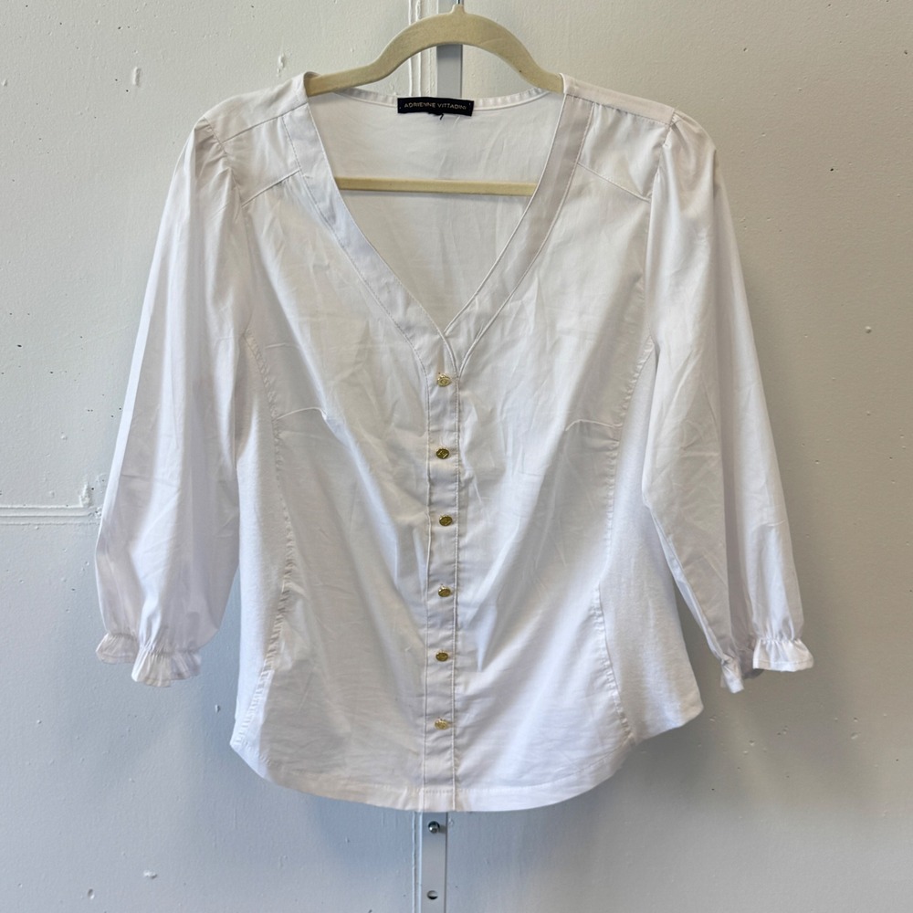 Adrienne Vittadini White V-Neck Button Front Blouse Jersey Side Panels Medium